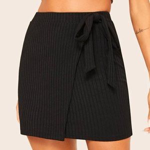 SHEIN Wrap Belted Rib-knit Fitted Skirt, Large